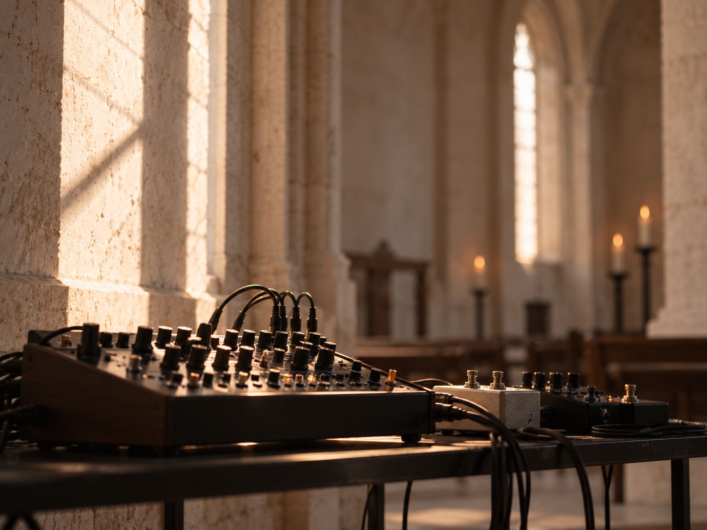 Nahaufnahme eines Synthesizers mit Patchkabeln und zwei Effektgeräten auf einem Tisch, im unscharfen Hintergrund ein Kirchenfenster und Kerzenständer.