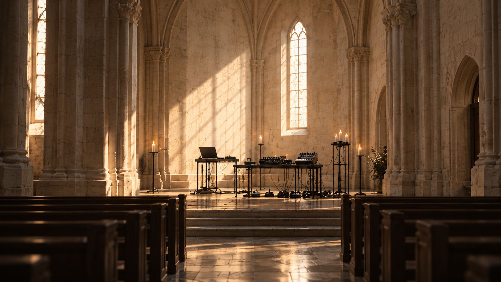 Leeres Kirchenschiff mit Blick über die Bankreihen auf einen kleinen Tisch mit Synthesizern und Laptop vor einem hohen Fenster, Seitenlicht auf der Steinwand.