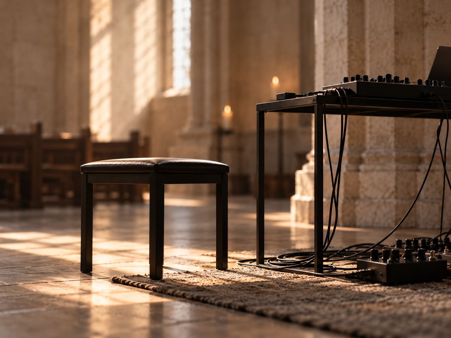 Leerer Hocker neben einem Tisch mit Synthesizer, Kabeln und Effektgeräten auf einem Teppich im Seitenlicht einer Kirche.