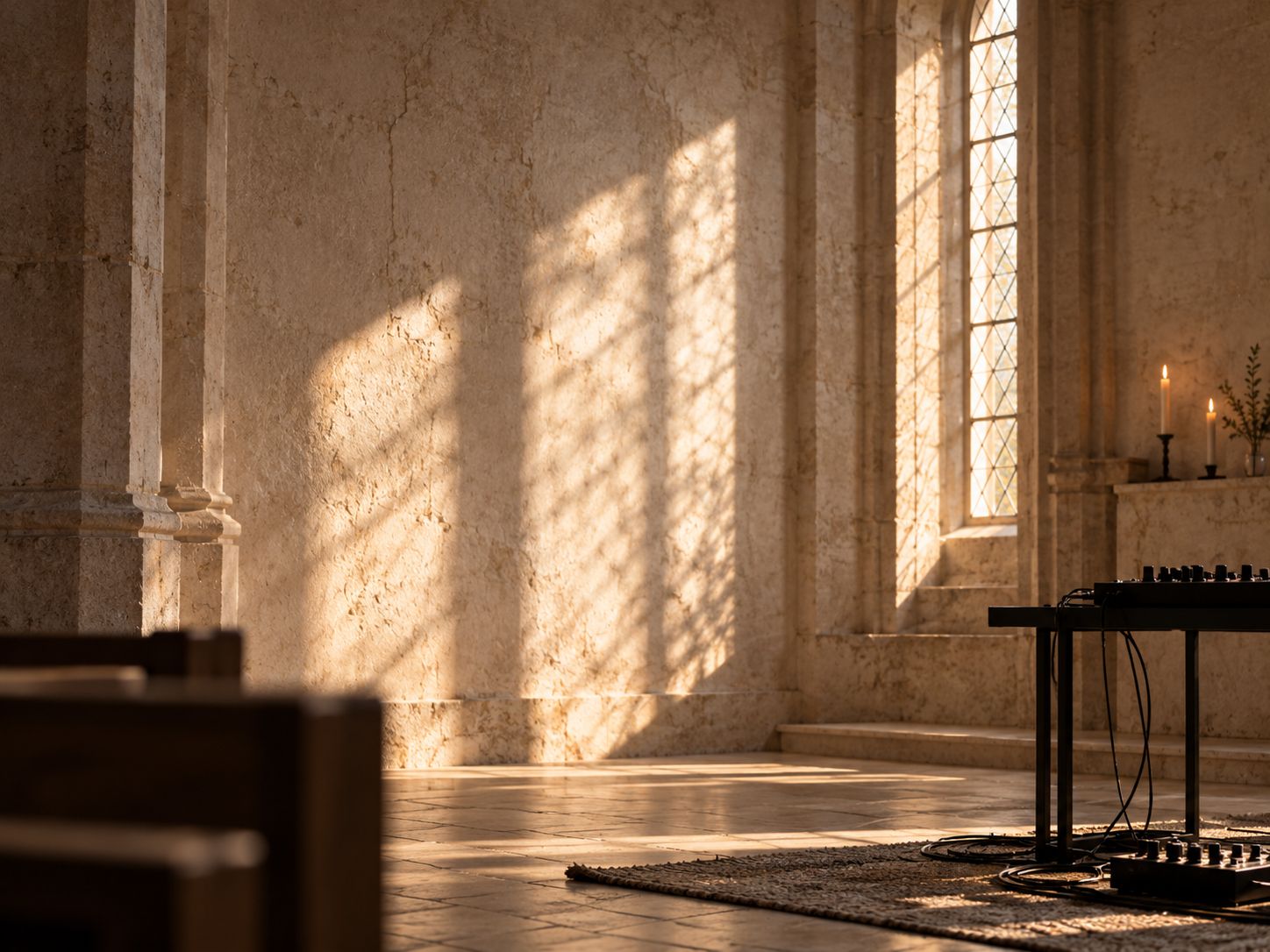 Steinwand in einer Kirche mit Fenstermuster aus Licht und Schatten, am rechten Bildrand ein kleiner Tisch mit Synthesizer.